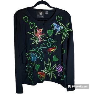 MICHAEL SIMON Events Women's Black Cardigan with Sequin Frogs and Palm Trees XL